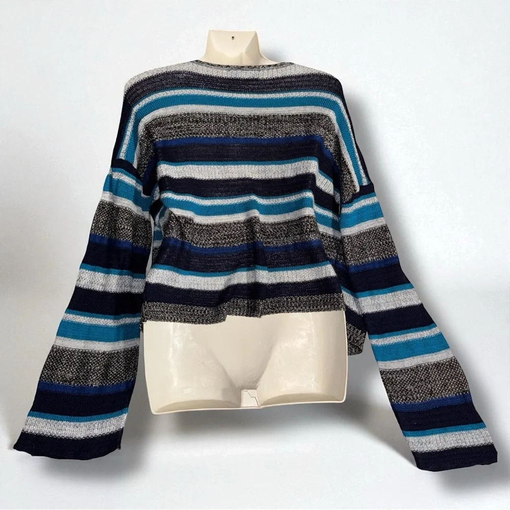 Alley & Gabby 212NY Y2K Vintage Sweater Blue Striped Cropped Bell Sleeves Size L